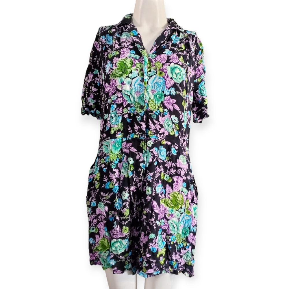 Vintage 80s Tangibles Floral Multicolored 100% Rayon Romper 2 Side Pockets / M